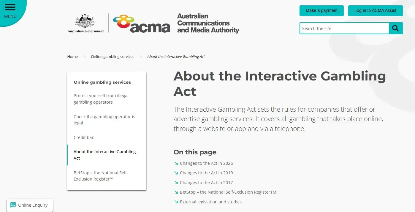 Current ACMA Interactive Gambling Act page showing that online casinos are banned services when offered to people in Australia