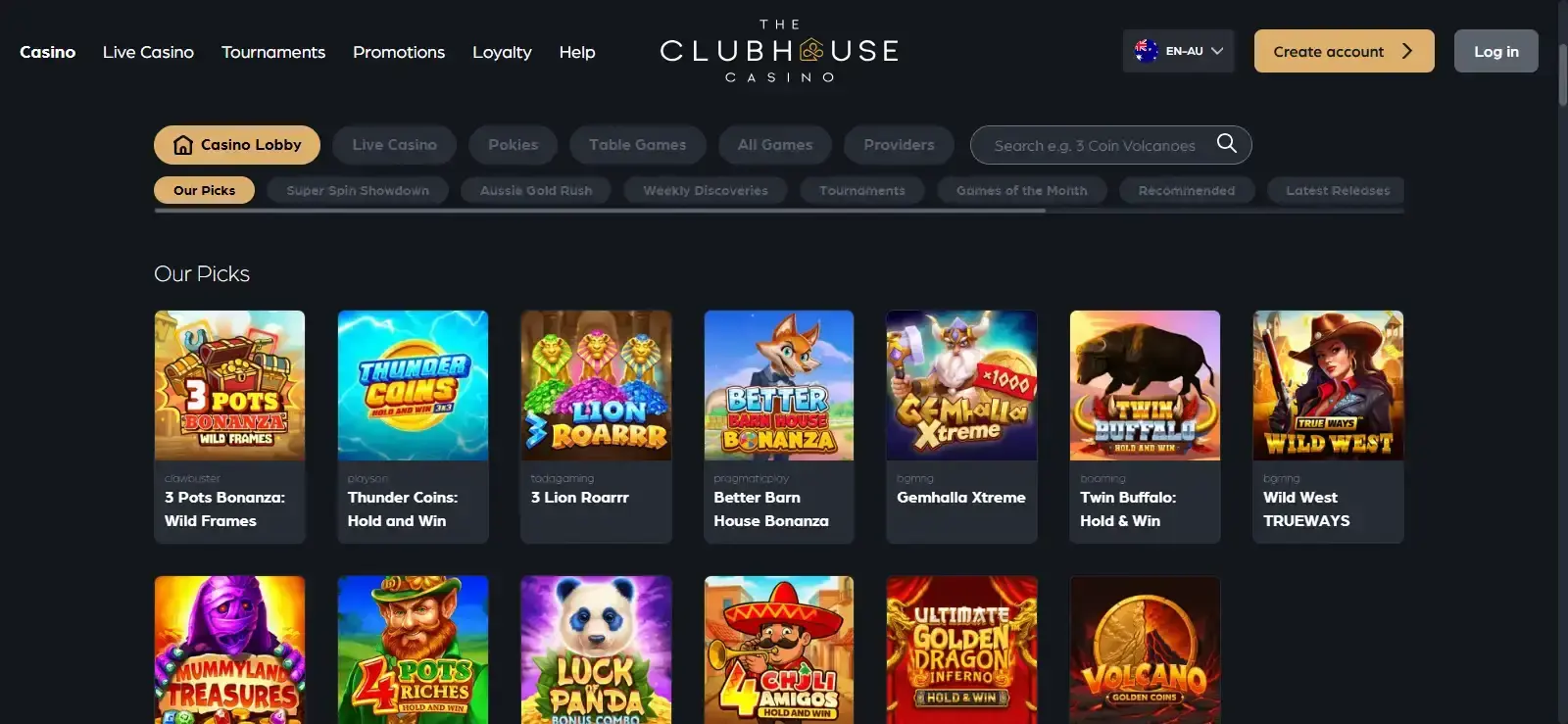 Current Australia-facing The Clubhouse Casino homepage with its navigation and welcome promotion visible