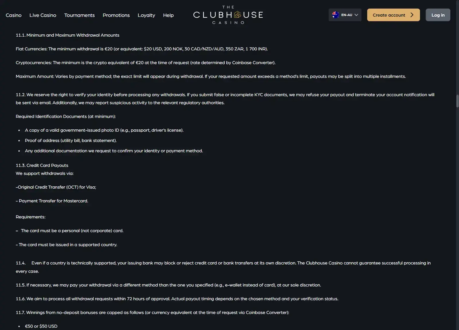 Current Clubhouse Casino AU terms section showing withdrawal minimum, processing and limit rules