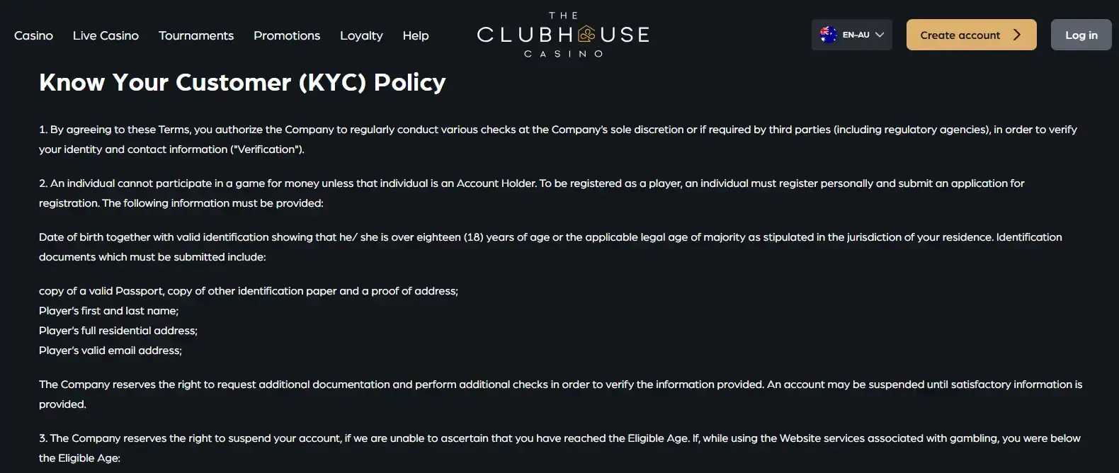 Current Clubhouse Casino Australia KYC policy section showing identity, address and review-time requirements