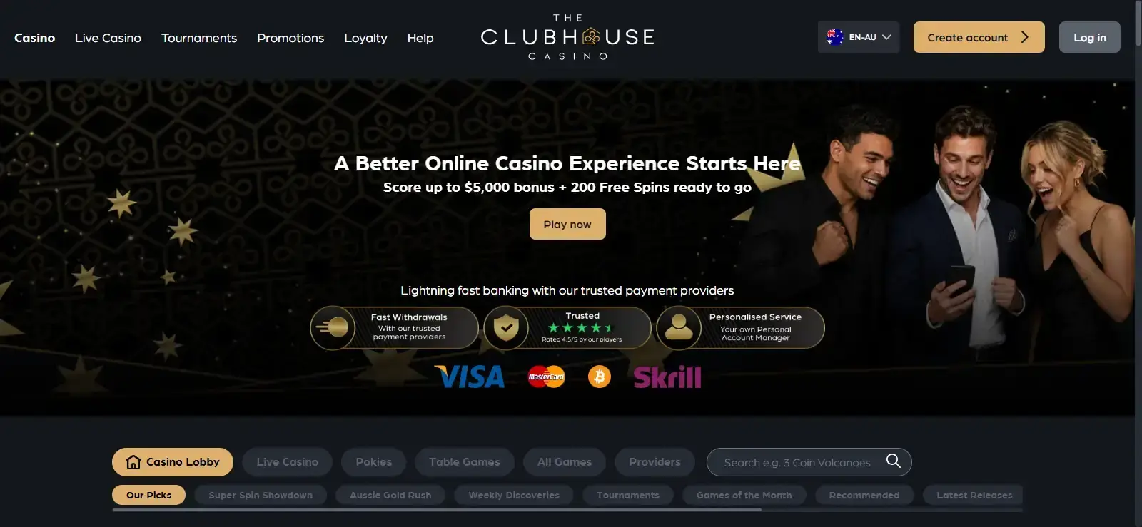 Current Clubhouse Casino Australia homepage header showing Create account and Log in controls