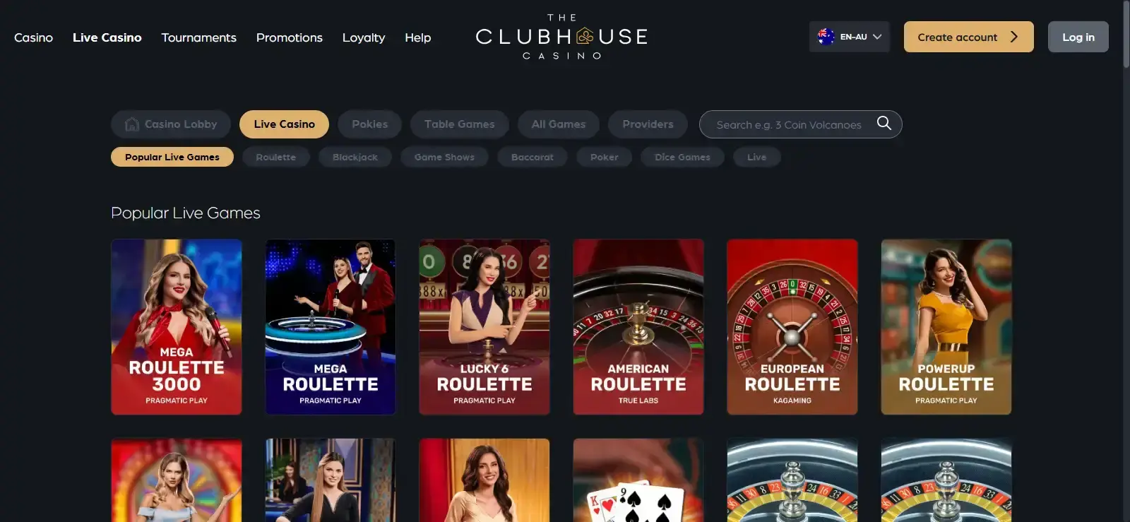 Current official Australian Clubhouse Casino live-casino lobby and navigation