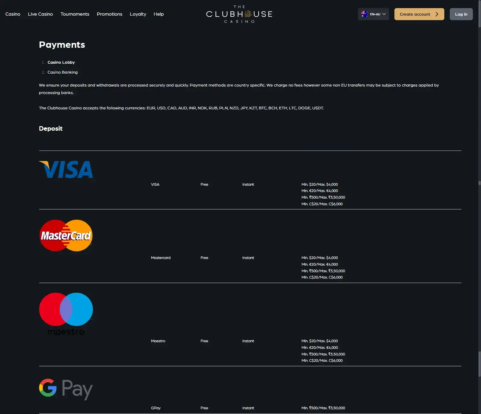 Current The Clubhouse Casino Australia payments page showing currencies and banking methods