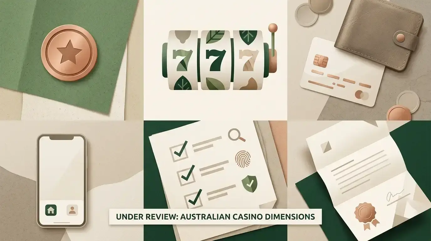 Editorial comparison illustration representing bonus, pokies, payments, mobile, identity verification and trust as separate review dimensions