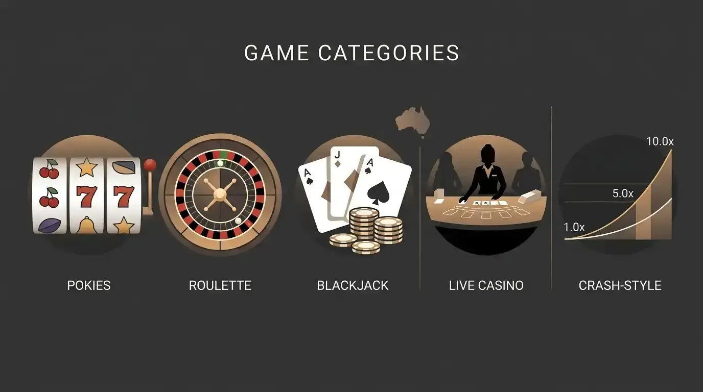 Editorial illustration of pokies, table games, live casino and provider availability for Australian players