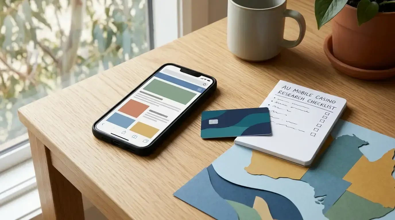 Generic Australian-dollar mobile casino comparison concept with a phone, payment card and verification checklist without brand logos or real interface elements
