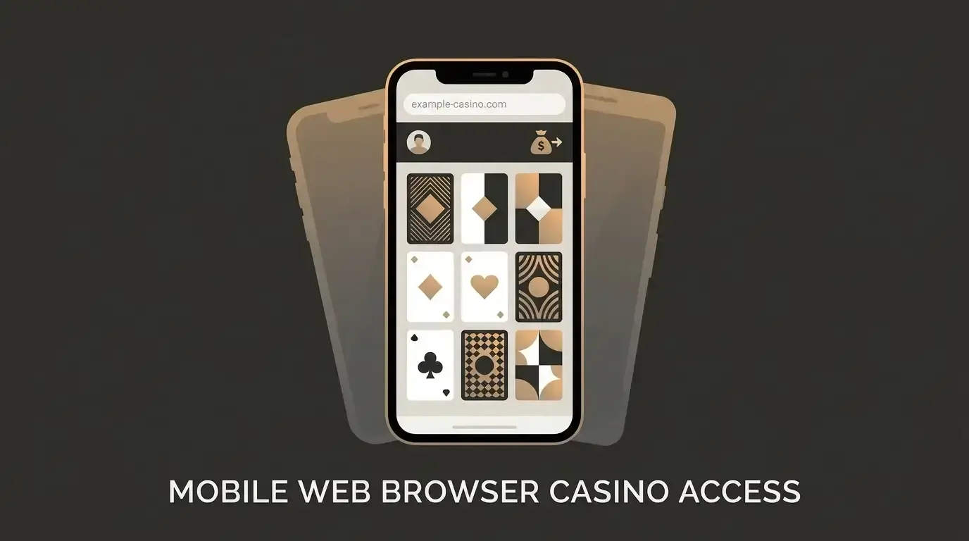 Generic editorial illustration of a smartphone browser with neutral casino-style cards and account controls